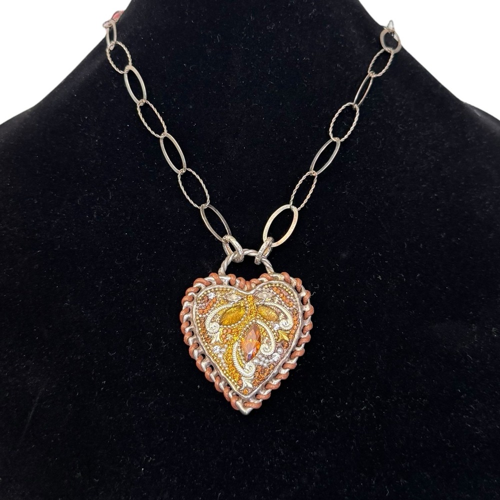 Vintage Sterling Silver 925 Brutalist Heart Pendant Chain Gemstone Necklace‎